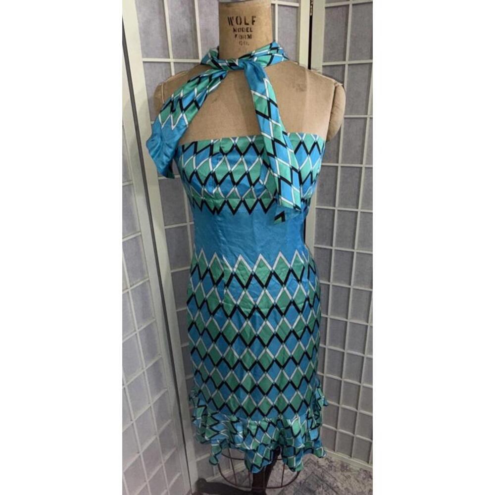 Tibi Vintage Y2K Silk Geometric Abstract 90s Halter Convertible Mini Slip Dress